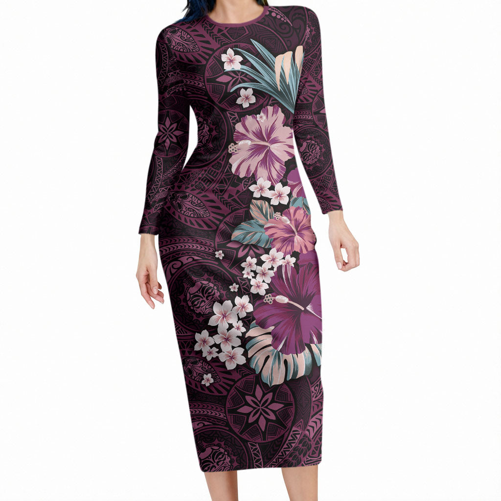 Poni Mama Hawai'i Hibiscus Long Sleeve Bodycon Dress Polynesian Tribal Tattoo Pattern Floral Elements LT9 Long Dress Pink - Polynesian Pride