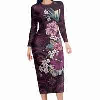 Poni Mama Hawai'i Hibiscus Long Sleeve Bodycon Dress Polynesian Tribal Tattoo Pattern Floral Elements LT9 Long Dress Pink - Polynesian Pride