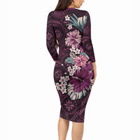 Poni Mama Hawai'i Hibiscus Long Sleeve Bodycon Dress Polynesian Tribal Tattoo Pattern Floral Elements LT9 - Polynesian Pride