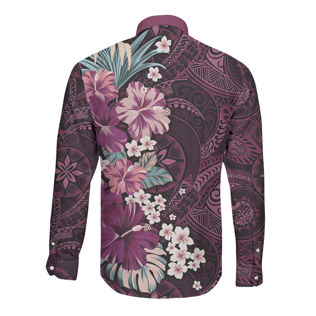 Poni Mama Hawai'i Hibiscus Long Sleeve Button Shirt Polynesian Tribal Tattoo Pattern Floral Elements LT9 - Polynesian Pride