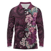 Poni Mama Hawai'i Hibiscus Long Sleeve Polo Shirt Polynesian Tribal Tattoo Pattern Floral Elements LT9 Pink - Polynesian Pride