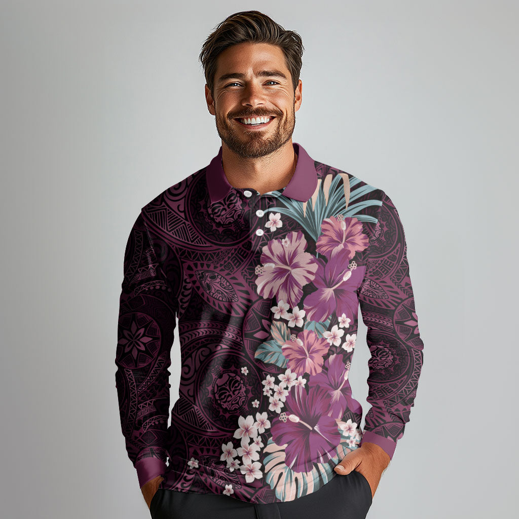 Poni Mama Hawai'i Hibiscus Long Sleeve Polo Shirt Polynesian Tribal Tattoo Pattern Floral Elements LT9 - Polynesian Pride