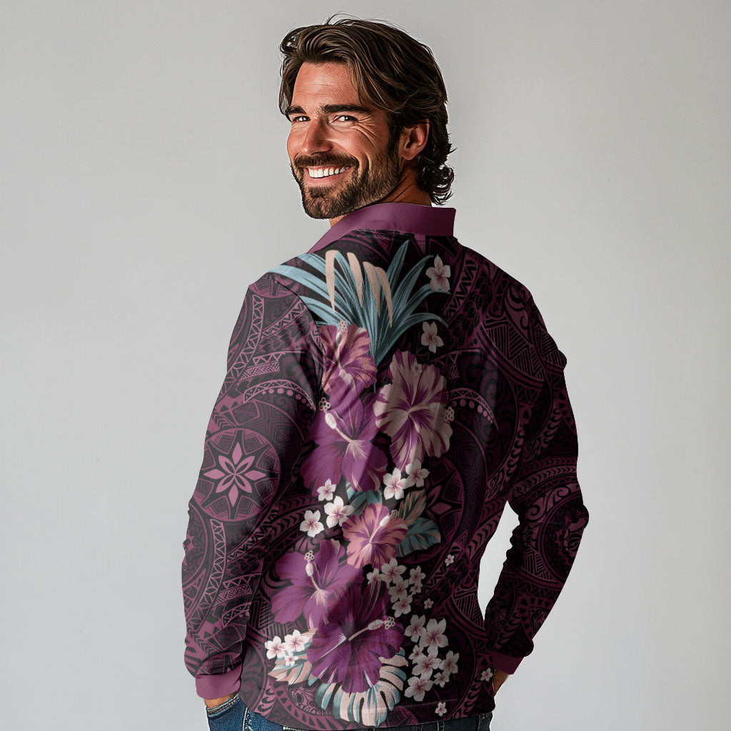 Poni Mama Hawai'i Hibiscus Long Sleeve Polo Shirt Polynesian Tribal Tattoo Pattern Floral Elements LT9 - Polynesian Pride