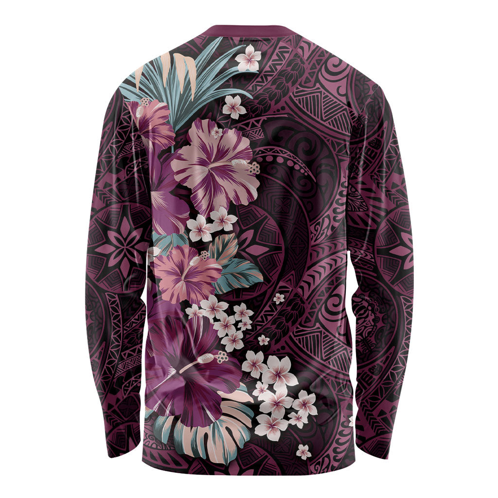 Poni Mama Hawai'i Hibiscus Long Sleeve Shirt Polynesian Tribal Tattoo Pattern Floral Elements LT9 - Polynesian Pride