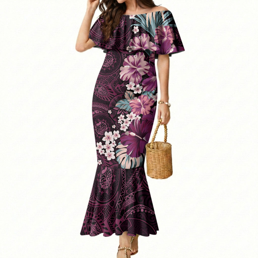 Poni Mama Hawai'i Hibiscus Mermaid Dress Polynesian Tribal Tattoo Pattern Floral Elements LT9 Women Pink - Polynesian Pride