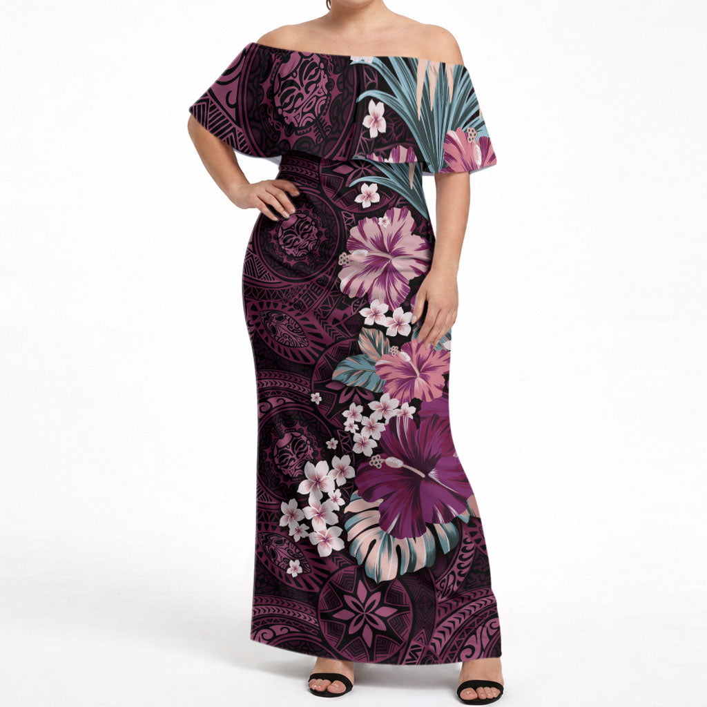 Poni Mama Hawai'i Hibiscus Off Shoulder Maxi Dress Polynesian Tribal Tattoo Pattern Floral Elements LT9 Women Pink - Polynesian Pride