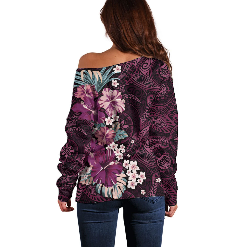 Poni Mama Hawai'i Hibiscus Off Shoulder Sweater Polynesian Tribal Tattoo Pattern Floral Elements LT9 - Polynesian Pride
