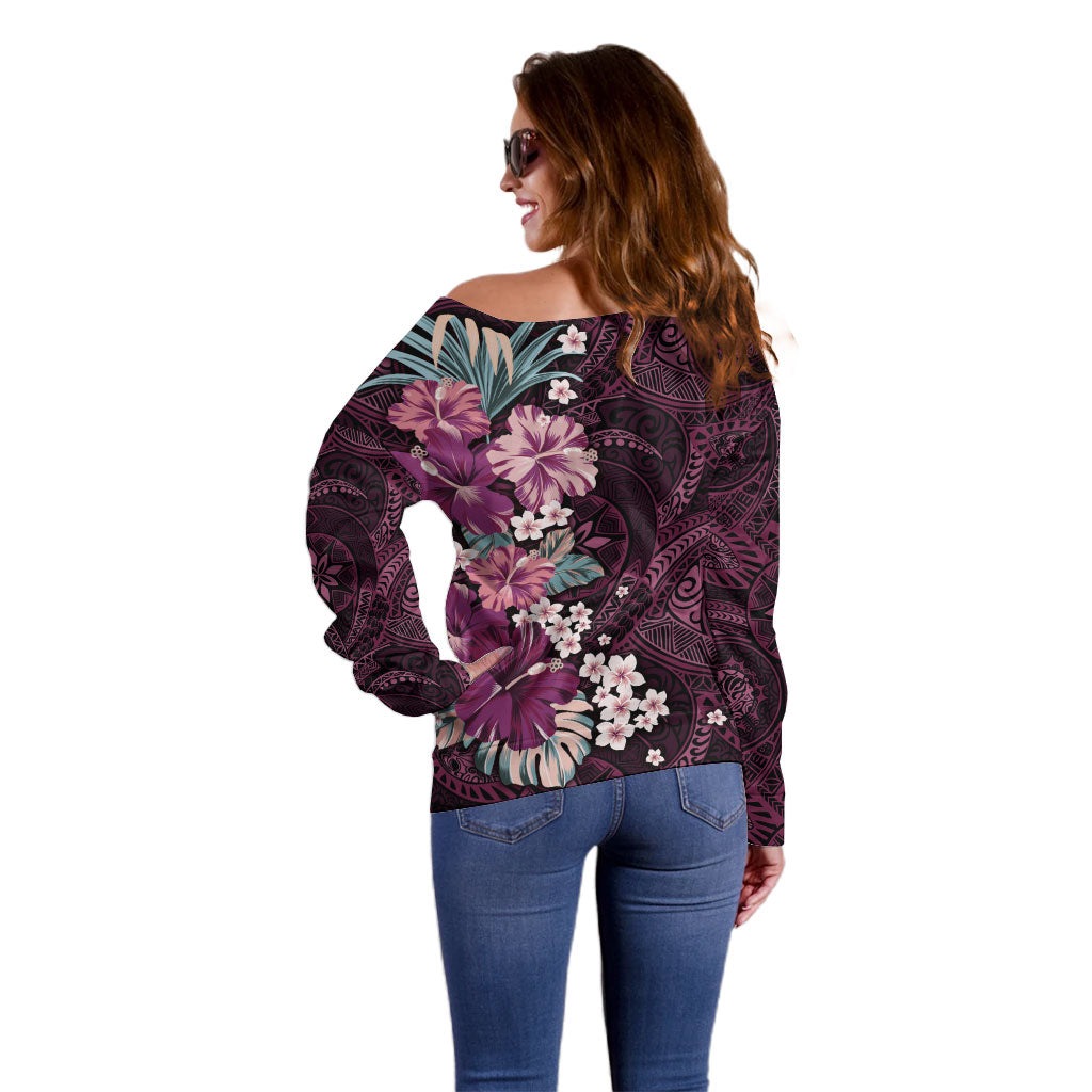 Poni Mama Hawai'i Hibiscus Off Shoulder Sweater Polynesian Tribal Tattoo Pattern Floral Elements LT9 - Polynesian Pride