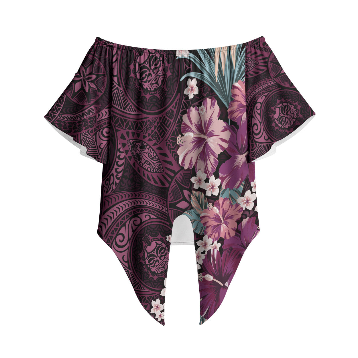 Poni Mama Hawai'i Hibiscus Off Shoulder Wrap Waist Top Polynesian Tribal Tattoo Pattern Floral Elements LT9 Pink - Polynesian Pride