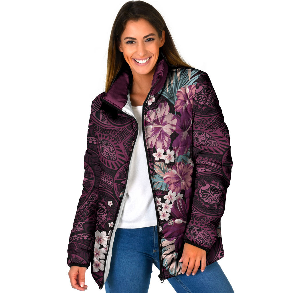Poni Mama Hawai'i Hibiscus Padded Jacket Polynesian Tribal Tattoo Pattern Floral Elements LT9 Women Pink - Polynesian Pride