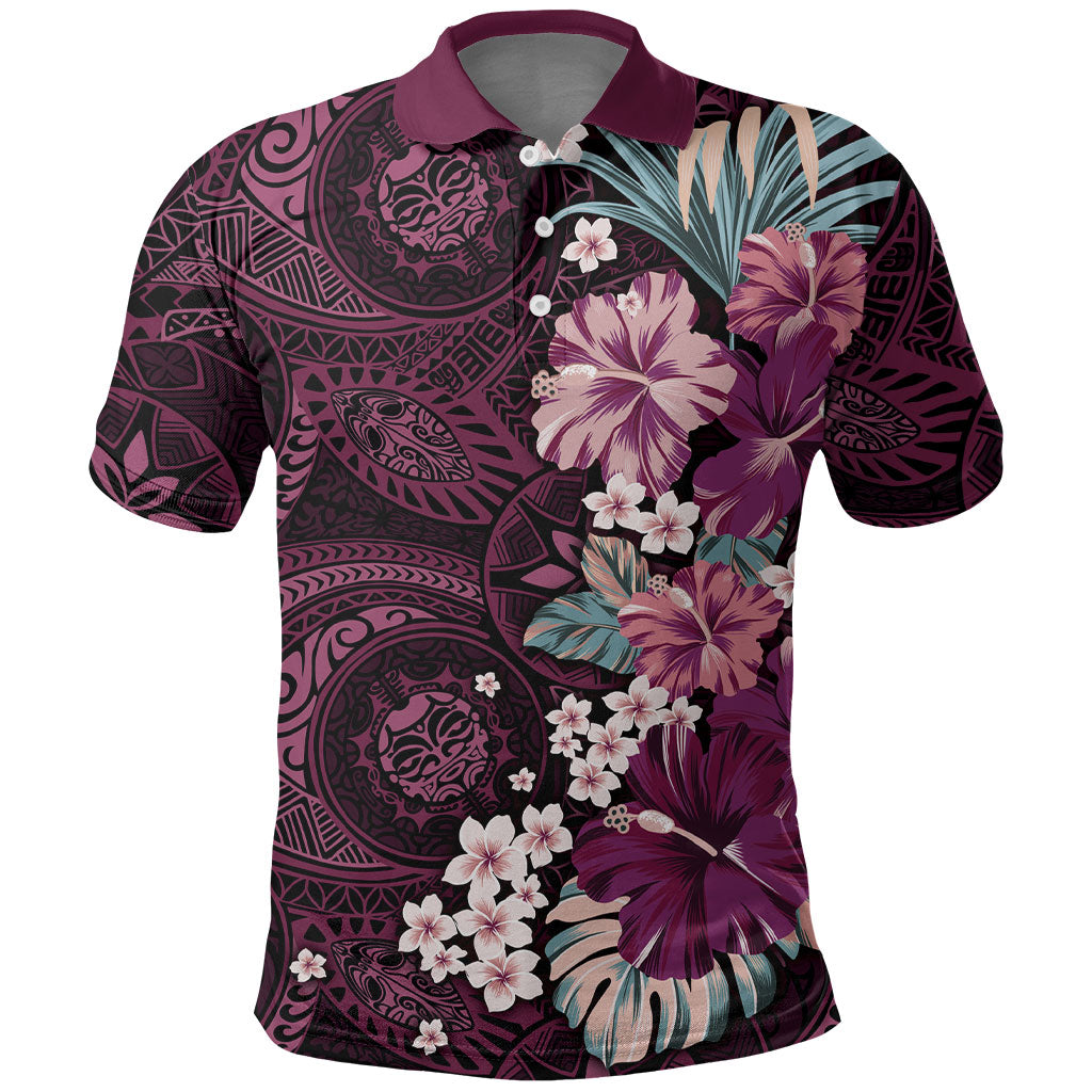 Poni Mama Hawai'i Hibiscus Polo Shirt Polynesian Tribal Tattoo Pattern Floral Elements LT9 Pink - Polynesian Pride
