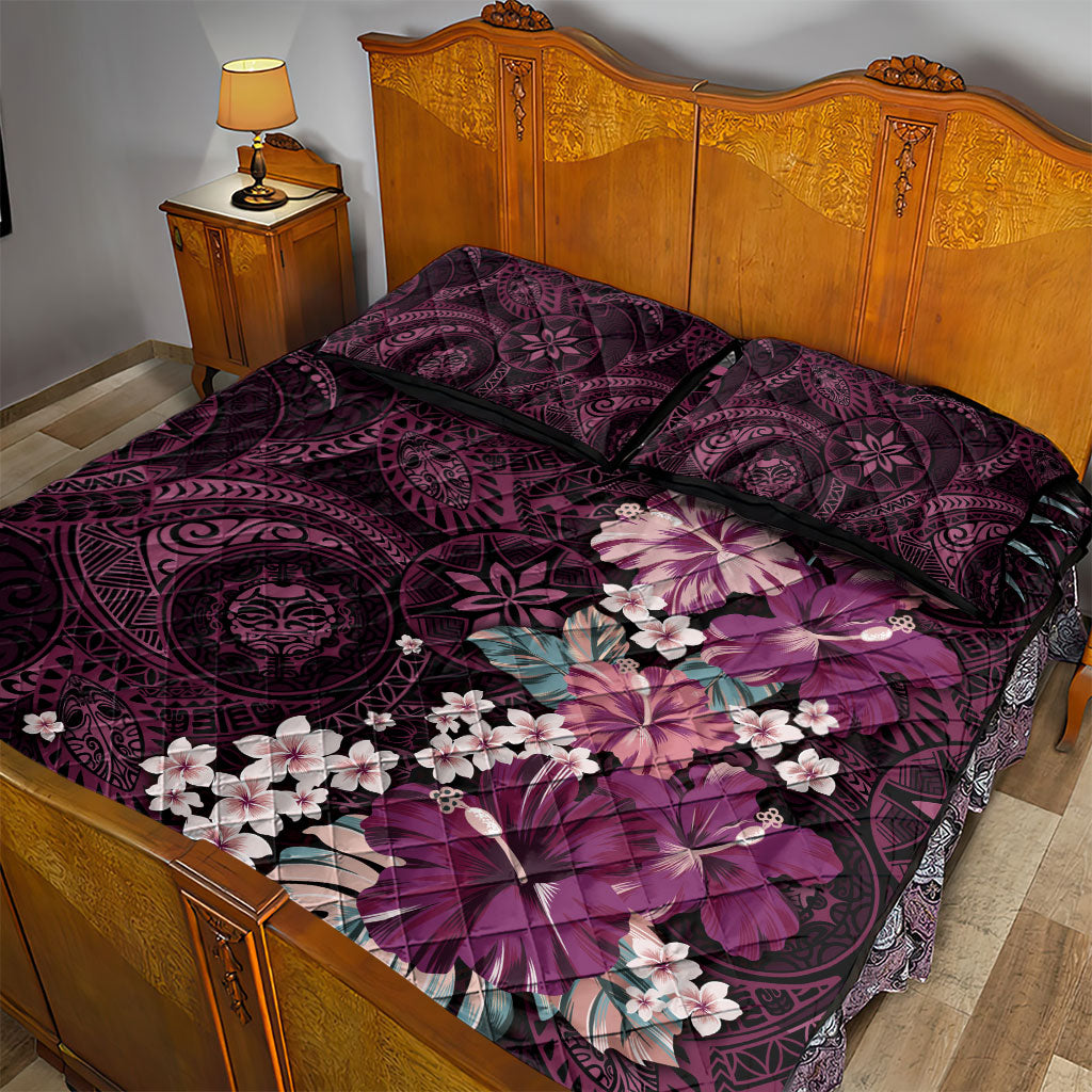 Poni Mama Hawai'i Hibiscus Quilt Bed Set Polynesian Tribal Tattoo Pattern Floral Elements LT9 - Polynesian Pride