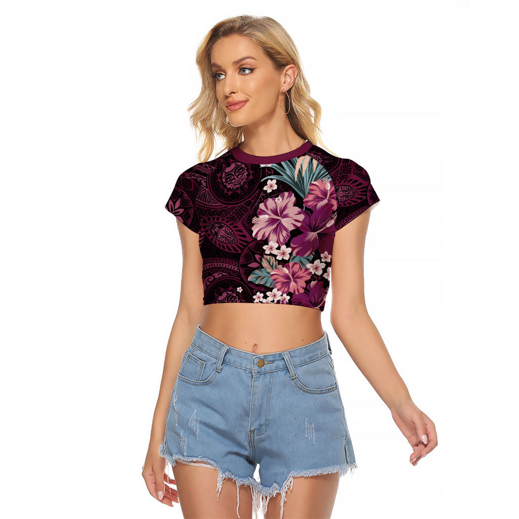 Poni Mama Hawai'i Hibiscus Raglan Cropped T Shirt Polynesian Tribal Tattoo Pattern Floral Elements LT9 Female Pink - Polynesian Pride