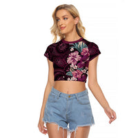 Poni Mama Hawai'i Hibiscus Raglan Cropped T Shirt Polynesian Tribal Tattoo Pattern Floral Elements LT9 Female Pink - Polynesian Pride