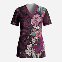 Poni Mama Hawai'i Hibiscus Scrub Top Polynesian Tribal Tattoo Pattern Floral Elements LT9 Adult Pink - Polynesian Pride