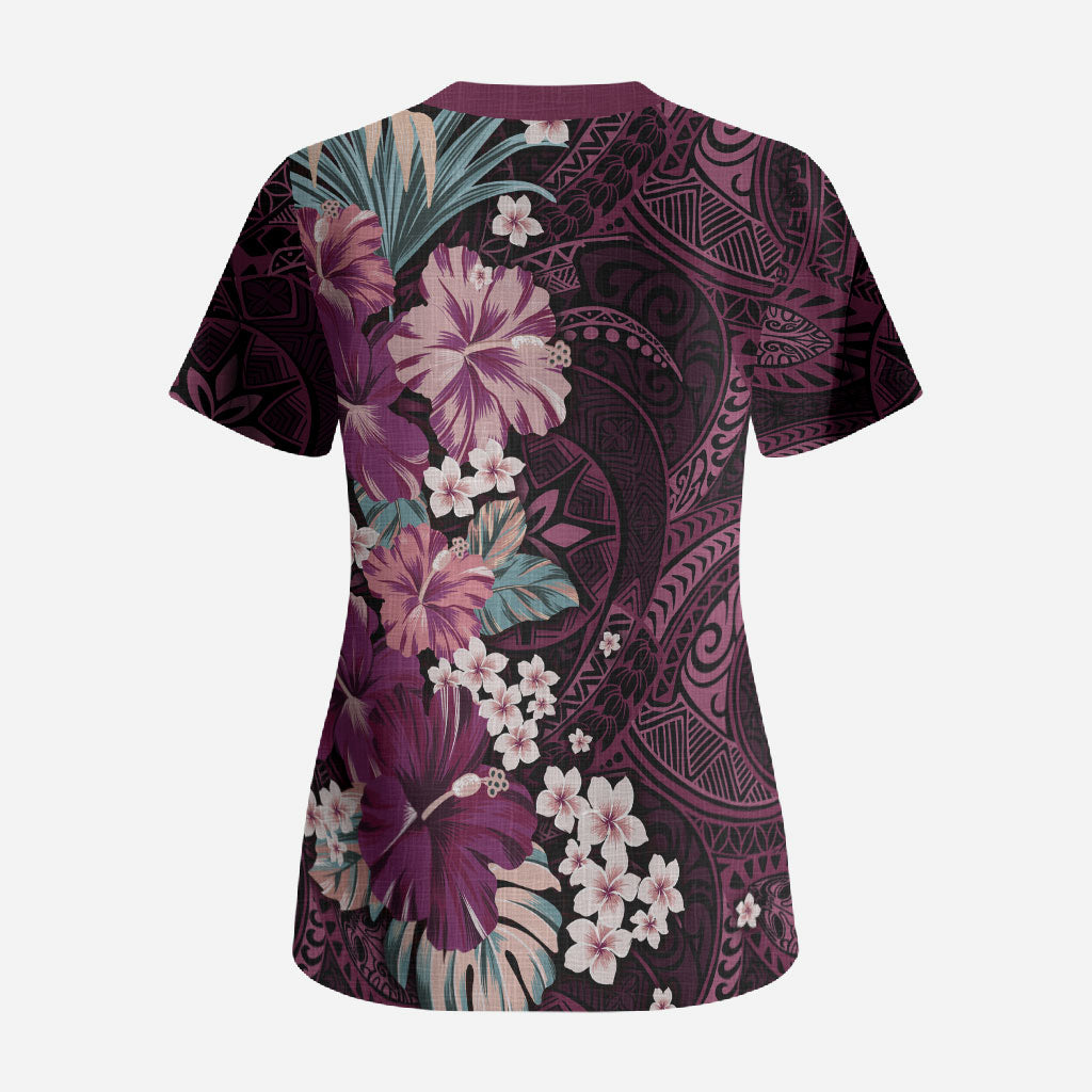 Poni Mama Hawai'i Hibiscus Scrub Top Polynesian Tribal Tattoo Pattern Floral Elements LT9 - Polynesian Pride