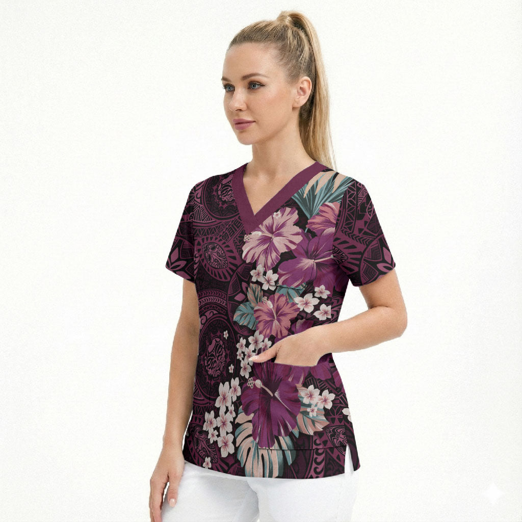 Poni Mama Hawai'i Hibiscus Scrub Top Polynesian Tribal Tattoo Pattern Floral Elements LT9 - Polynesian Pride