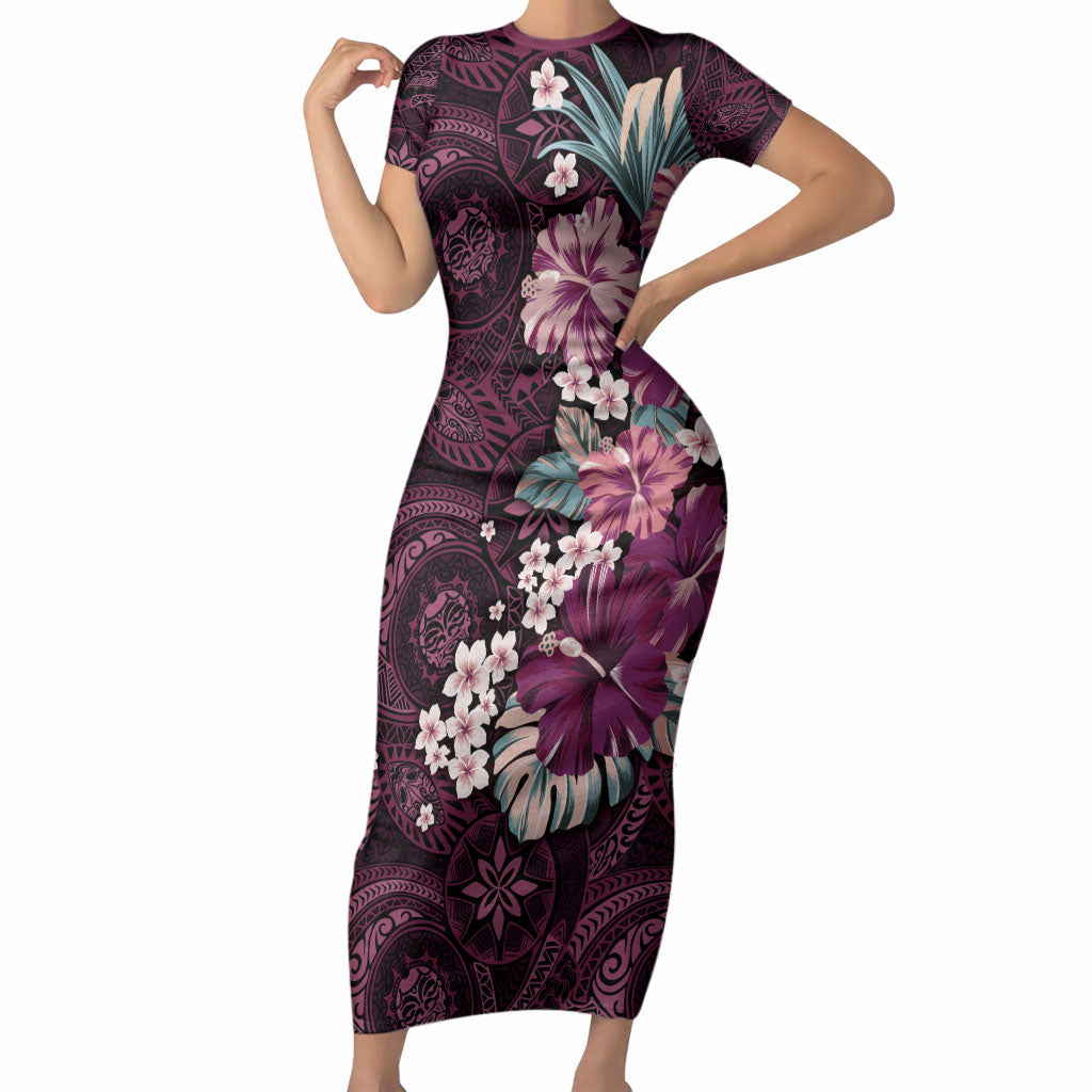 Poni Mama Hawai'i Hibiscus Short Sleeve Bodycon Dress Polynesian Tribal Tattoo Pattern Floral Elements LT9 Long Dress Pink - Polynesian Pride