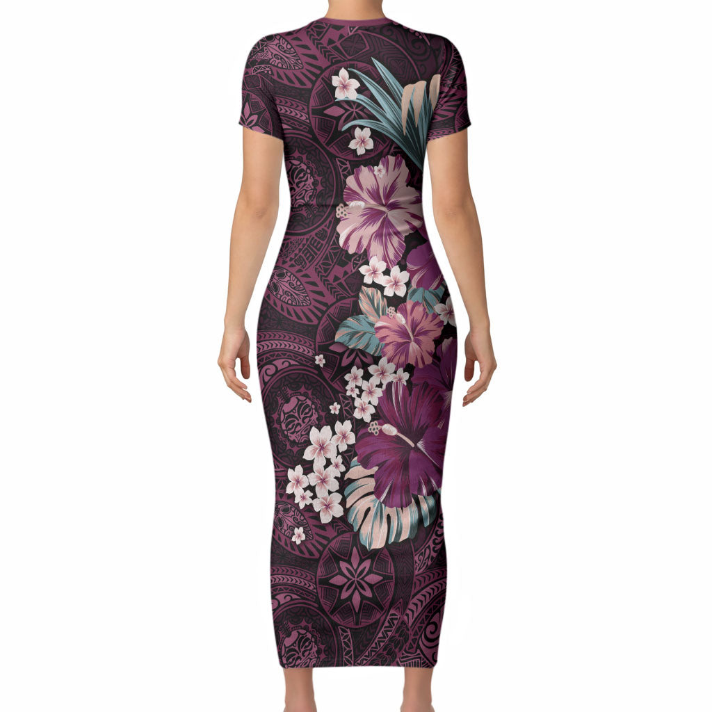 Poni Mama Hawai'i Hibiscus Short Sleeve Bodycon Dress Polynesian Tribal Tattoo Pattern Floral Elements LT9 - Polynesian Pride