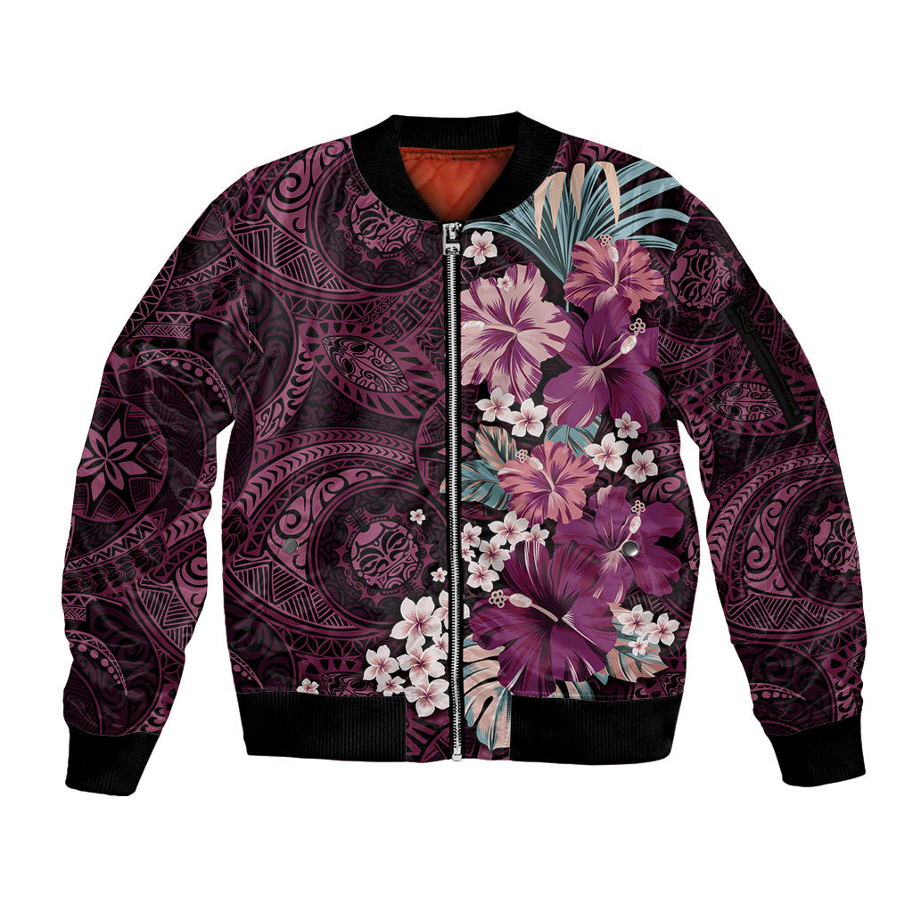Poni Mama Hawai'i Hibiscus Sleeve Zip Bomber Jacket Polynesian Tribal Tattoo Pattern Floral Elements LT9 Unisex Pink - Polynesian Pride