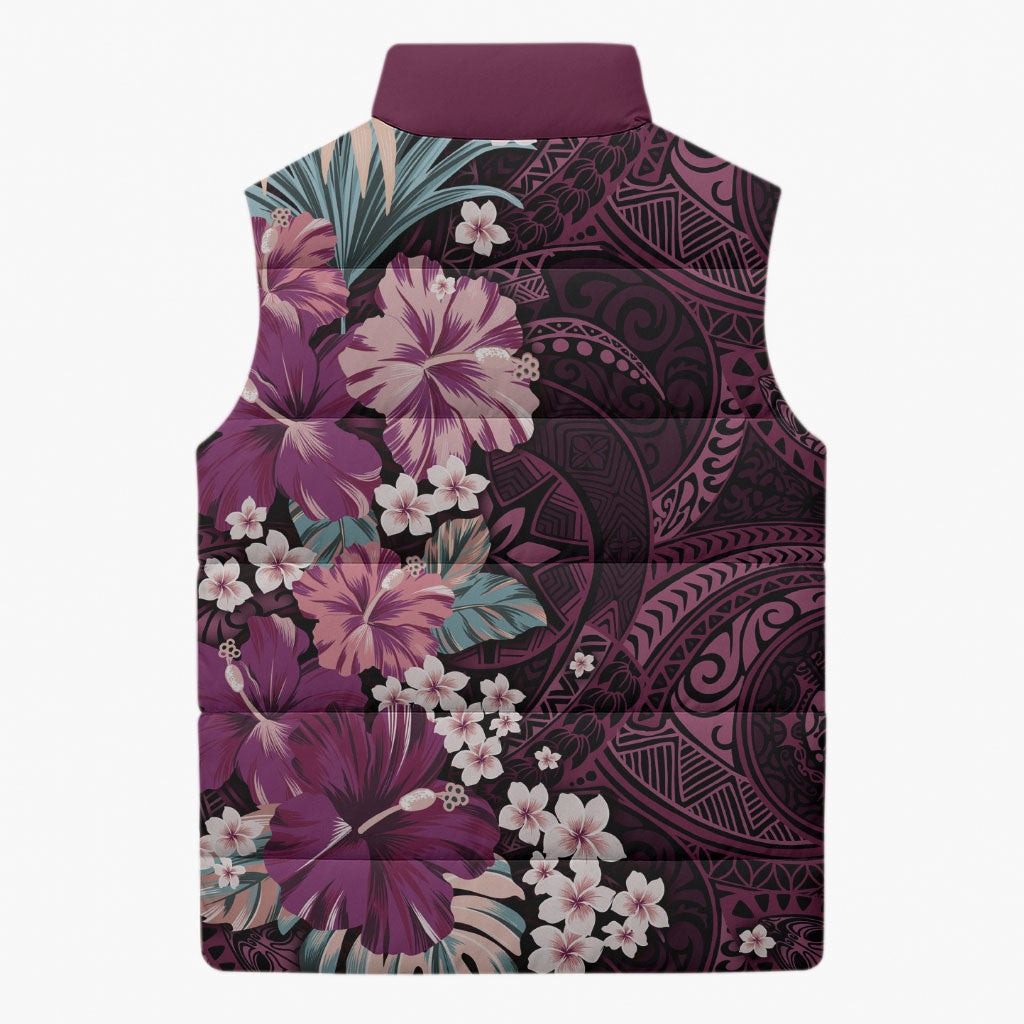 Poni Mama Hawai'i Hibiscus Sleeveless Puffer Jacket Polynesian Tribal Tattoo Pattern Floral Elements LT9 - Polynesian Pride