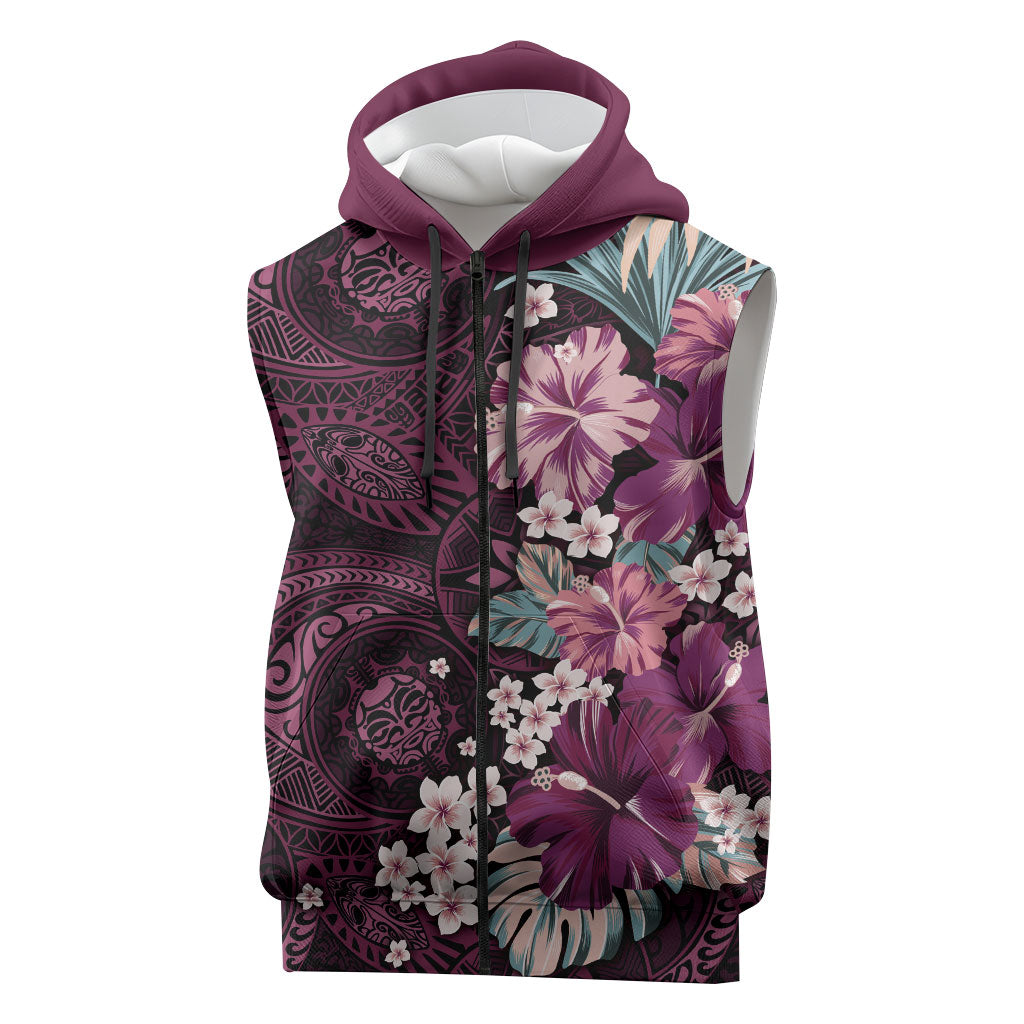 Poni Mama Hawai'i Hibiscus Sleeveless Zip Hoodie Polynesian Tribal Tattoo Pattern Floral Elements LT9 Pink - Polynesian Pride