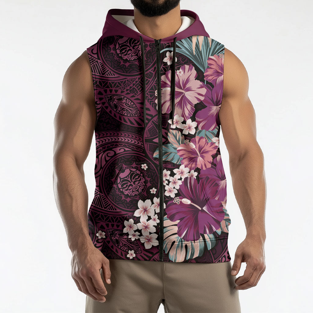Poni Mama Hawai'i Hibiscus Sleeveless Zip Hoodie Polynesian Tribal Tattoo Pattern Floral Elements LT9 - Polynesian Pride