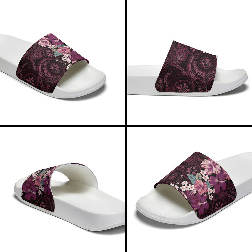 Poni Mama Hawai'i Hibiscus Slide Sandals Polynesian Tribal Tattoo Pattern Floral Elements LT9 - Polynesian Pride