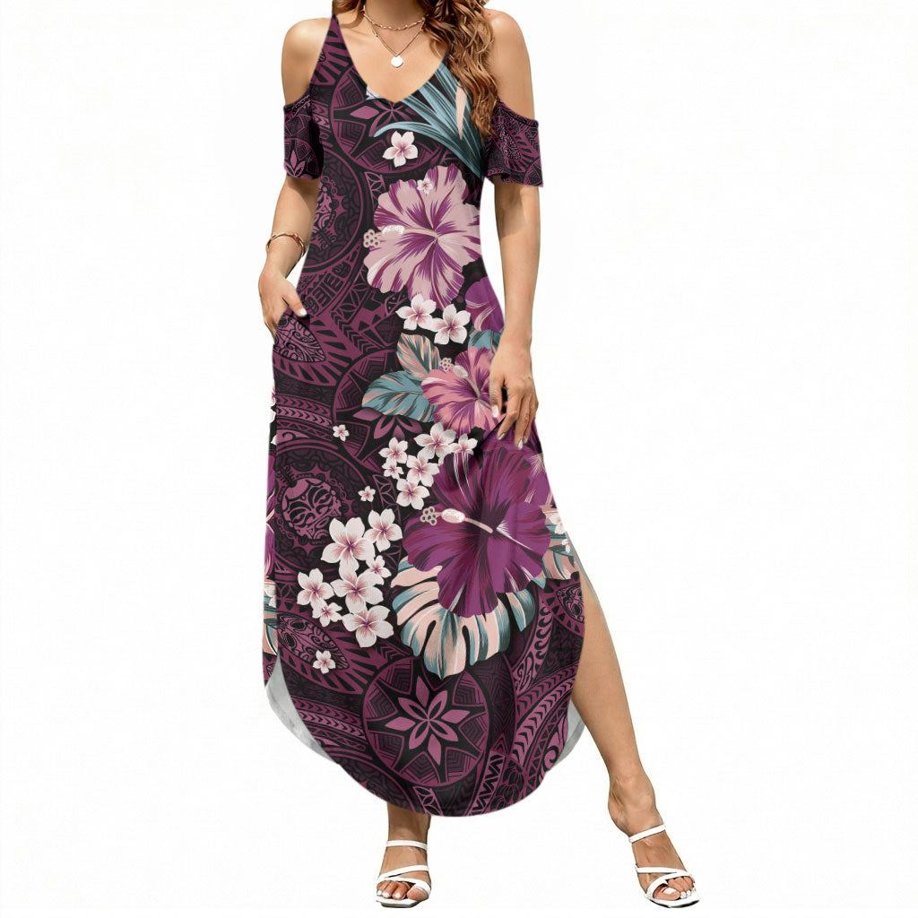 Poni Mama Hawai'i Hibiscus Summer Maxi Dress Polynesian Tribal Tattoo Pattern Floral Elements LT9 Women Pink - Polynesian Pride