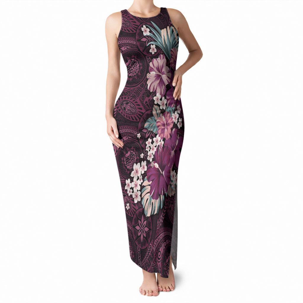 Poni Mama Hawai'i Hibiscus Tank Maxi Dress Polynesian Tribal Tattoo Pattern Floral Elements LT9 Women Pink - Polynesian Pride
