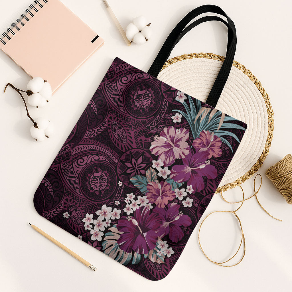 Poni Mama Hawai'i Hibiscus Tote Bag Polynesian Tribal Tattoo Pattern Floral Elements LT9 Black Strap One Size Pink - Polynesian Pride