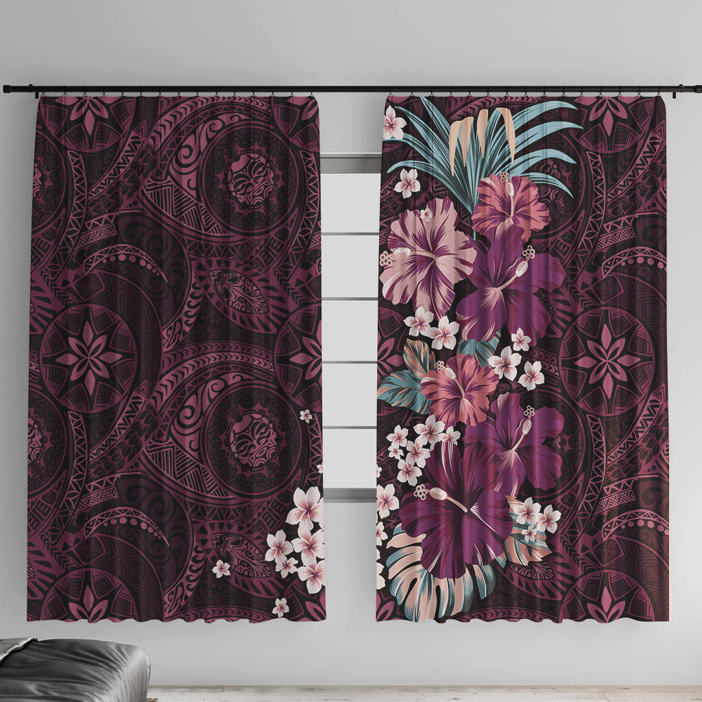 Poni Mama Hawai'i Hibiscus Window Curtain Polynesian Tribal Tattoo Pattern Floral Elements LT9 With Hooks Pink - Polynesian Pride