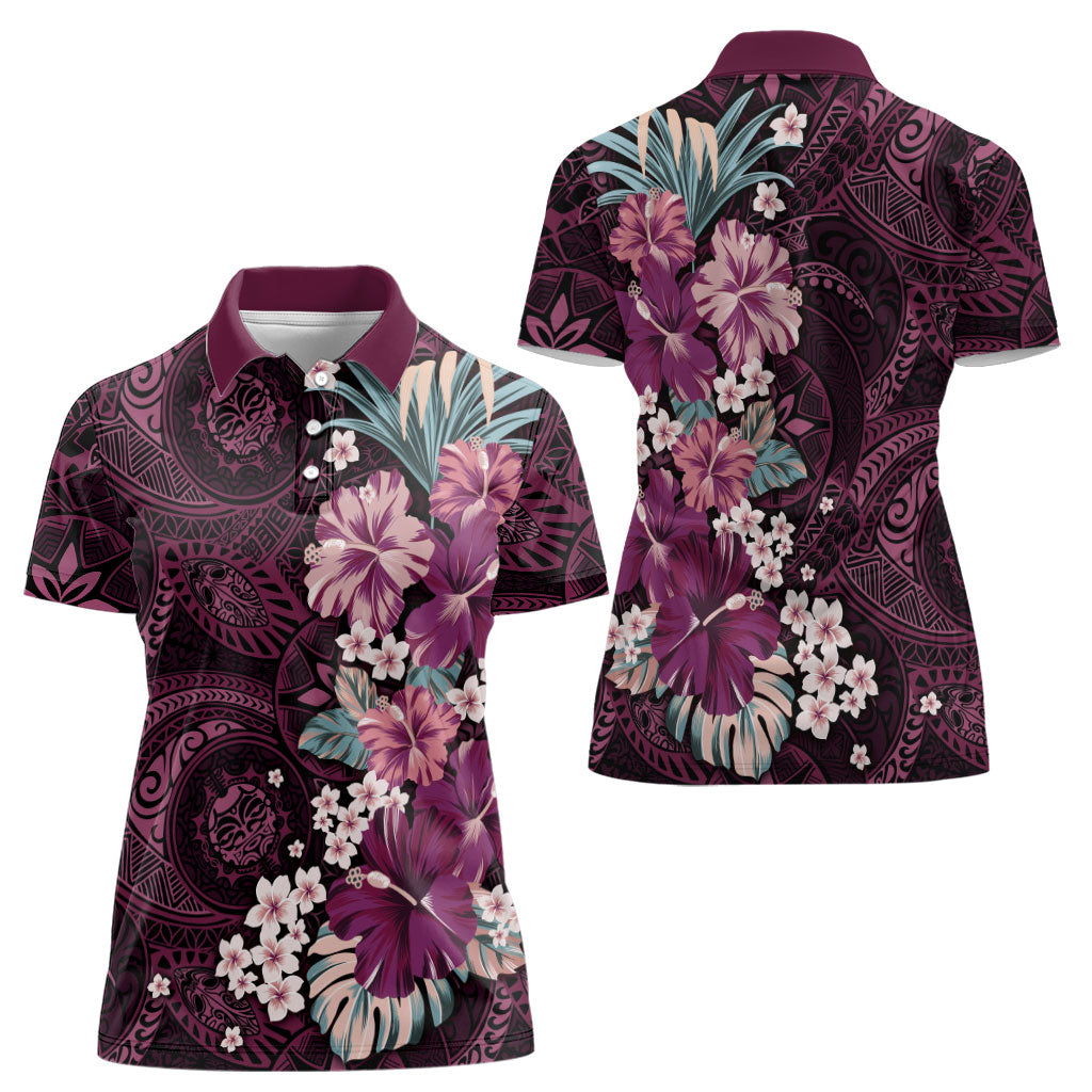 Poni Mama Hawai'i Hibiscus Women Polo Shirt Polynesian Tribal Tattoo Pattern Floral Elements LT9 - Polynesian Pride