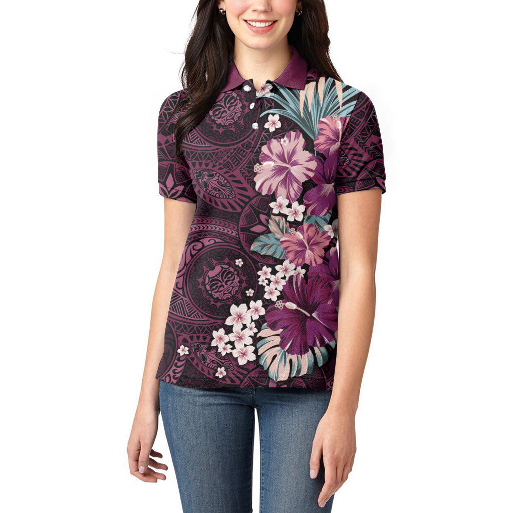 Poni Mama Hawai'i Hibiscus Women Polo Shirt Polynesian Tribal Tattoo Pattern Floral Elements LT9 - Polynesian Pride