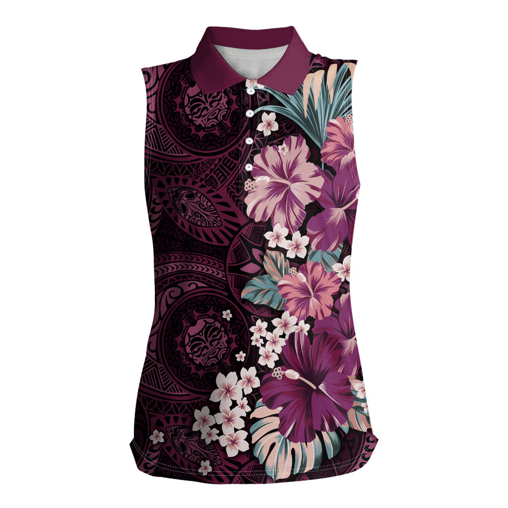 Poni Mama Hawai'i Hibiscus Women Sleeveless Polo Shirt Polynesian Tribal Tattoo Pattern Floral Elements LT9 Female Pink - Polynesian Pride