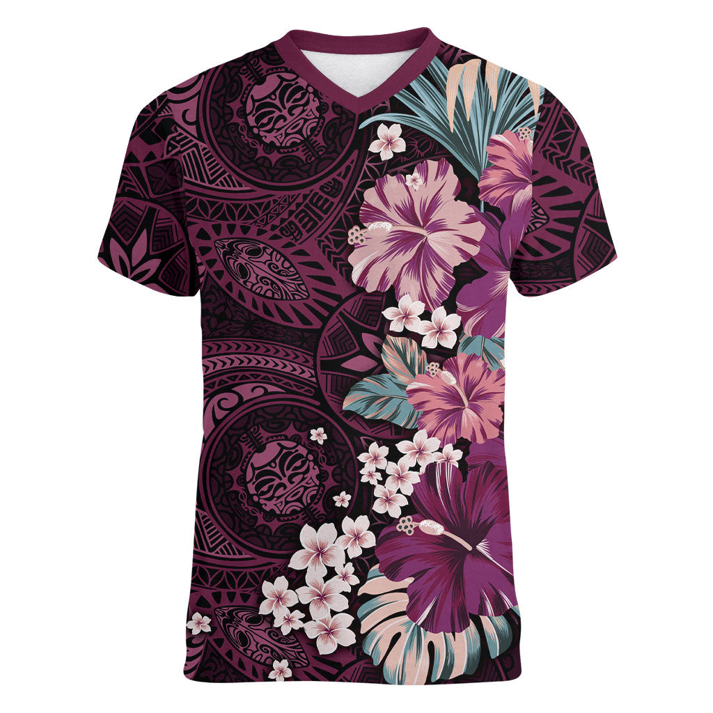 Poni Mama Hawai'i Hibiscus Women V-Neck T-Shirt Polynesian Tribal Tattoo Pattern Floral Elements LT9 Female Pink - Polynesian Pride