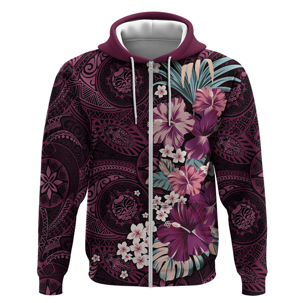 Poni Mama Hawai'i Hibiscus Zip Hoodie Polynesian Tribal Tattoo Pattern Floral Elements LT9 Zip Hoodie Pink - Polynesian Pride