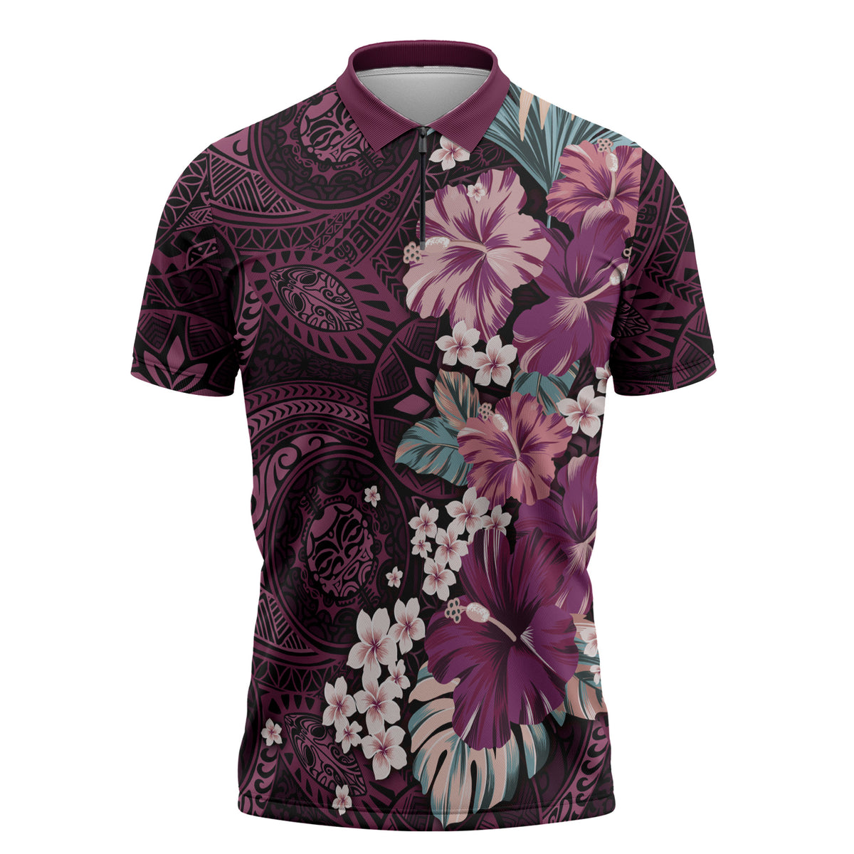 Poni Mama Hawai'i Hibiscus Zipper Polo Shirt Polynesian Tribal Tattoo Pattern Floral Elements LT9 Pink - Polynesian Pride