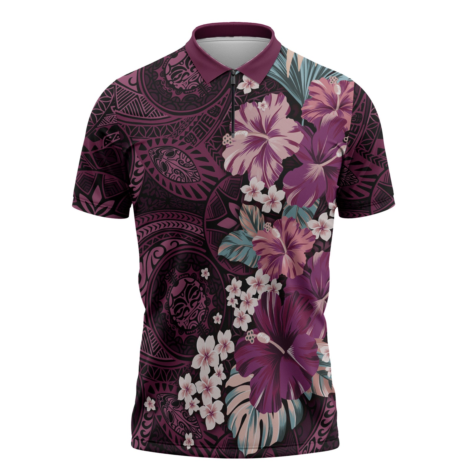 Poni Mama Hawai'i Hibiscus Zipper Polo Shirt Polynesian Tribal Tattoo Pattern Floral Elements LT9 Pink - Polynesian Pride
