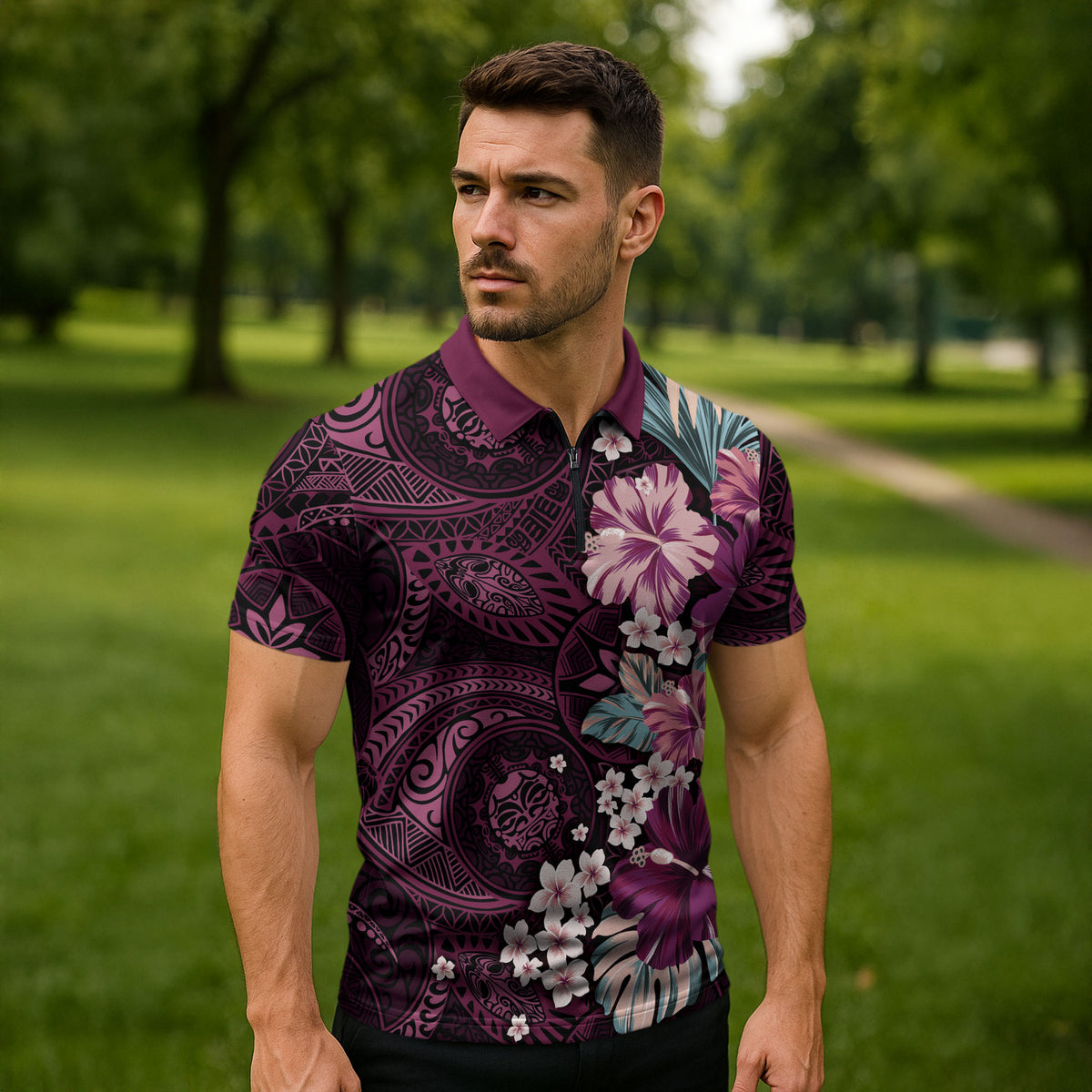 Poni Mama Hawai'i Hibiscus Zipper Polo Shirt Polynesian Tribal Tattoo Pattern Floral Elements LT9 - Polynesian Pride