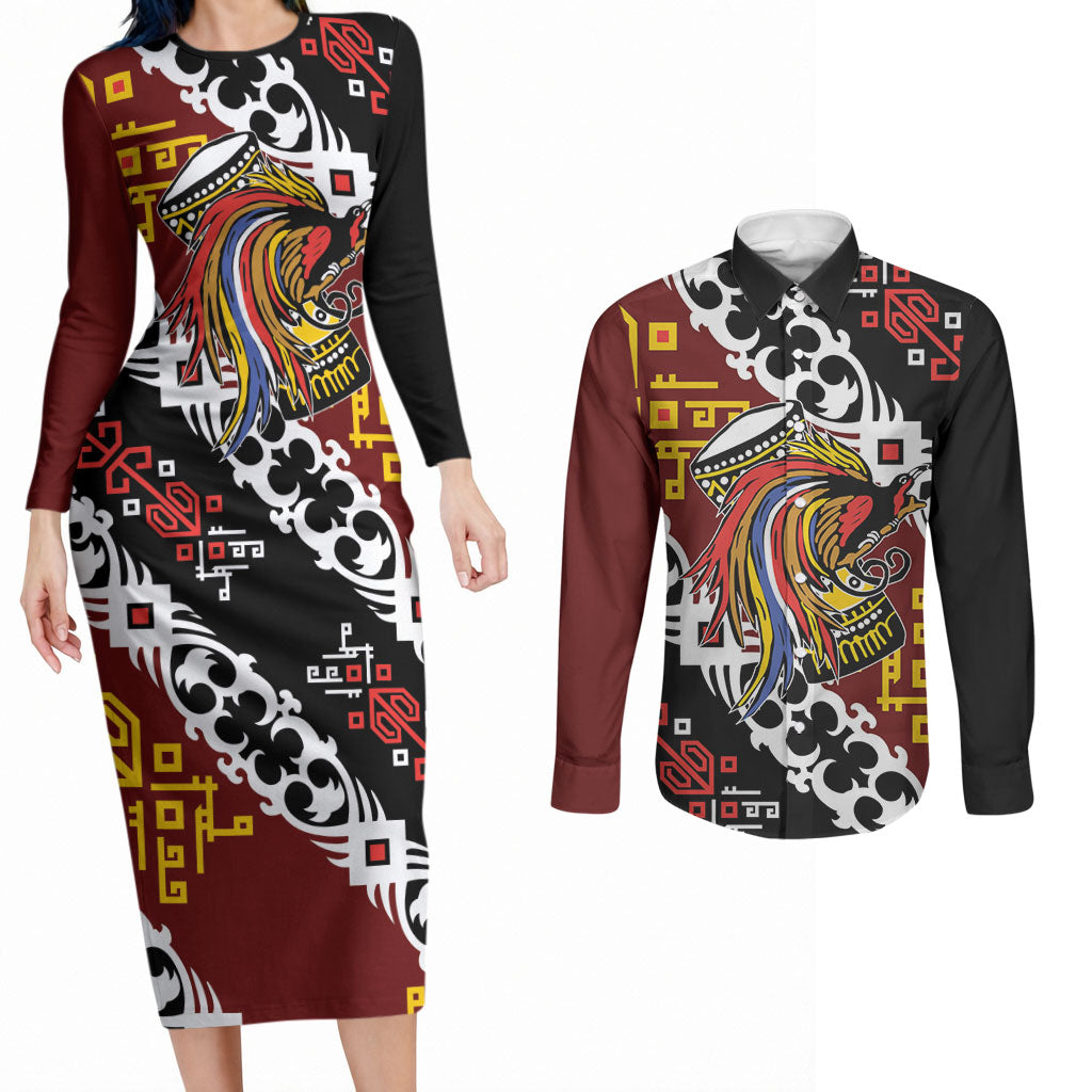 Personalised Papua New Guinea Bird Drum Couples Matching Long Sleeve Bodycon Dress and Long Sleeve Button Shirt Papuan Batik Motif LT9 Black - Polynesian Pride