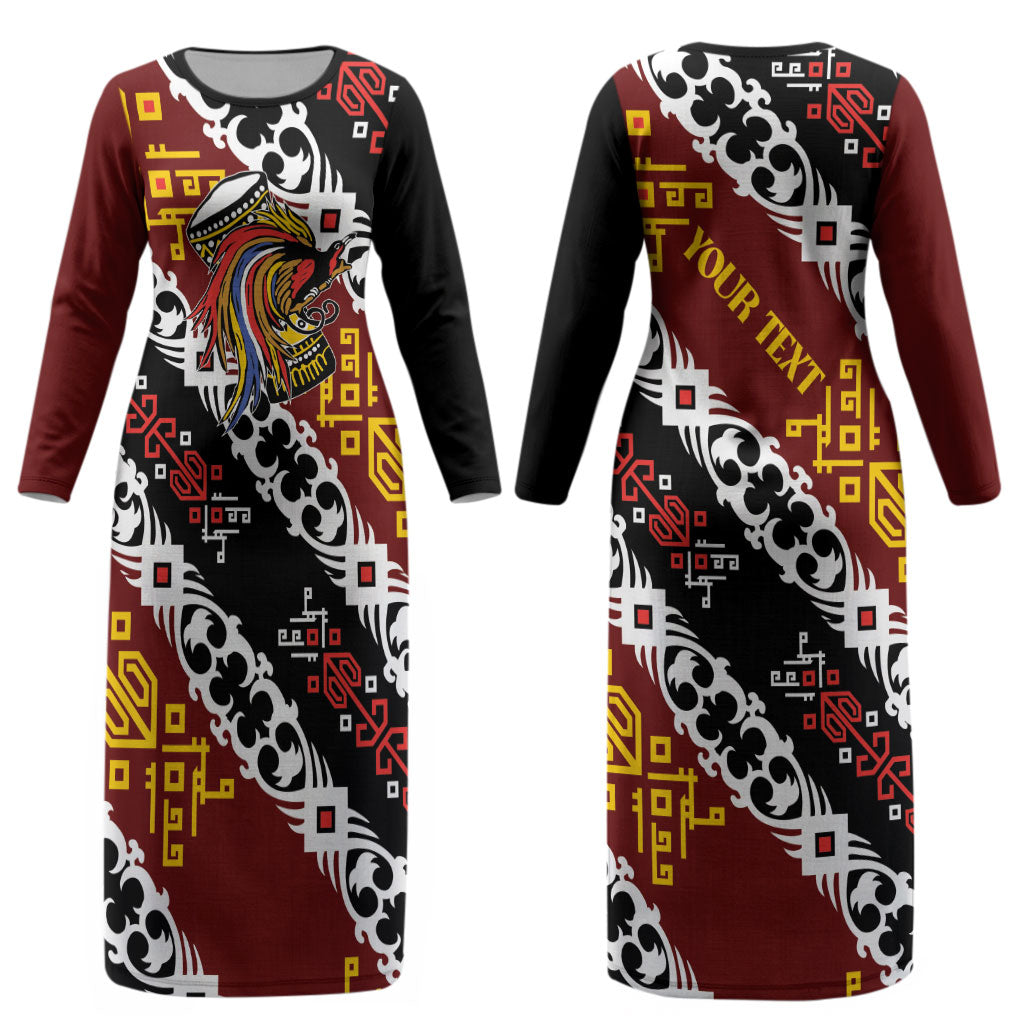 Personalised Papua New Guinea Bird Drum Couples Matching Long Sleeve Bodycon Dress and Long Sleeve Button Shirt Papuan Batik Motif LT9 - Polynesian Pride