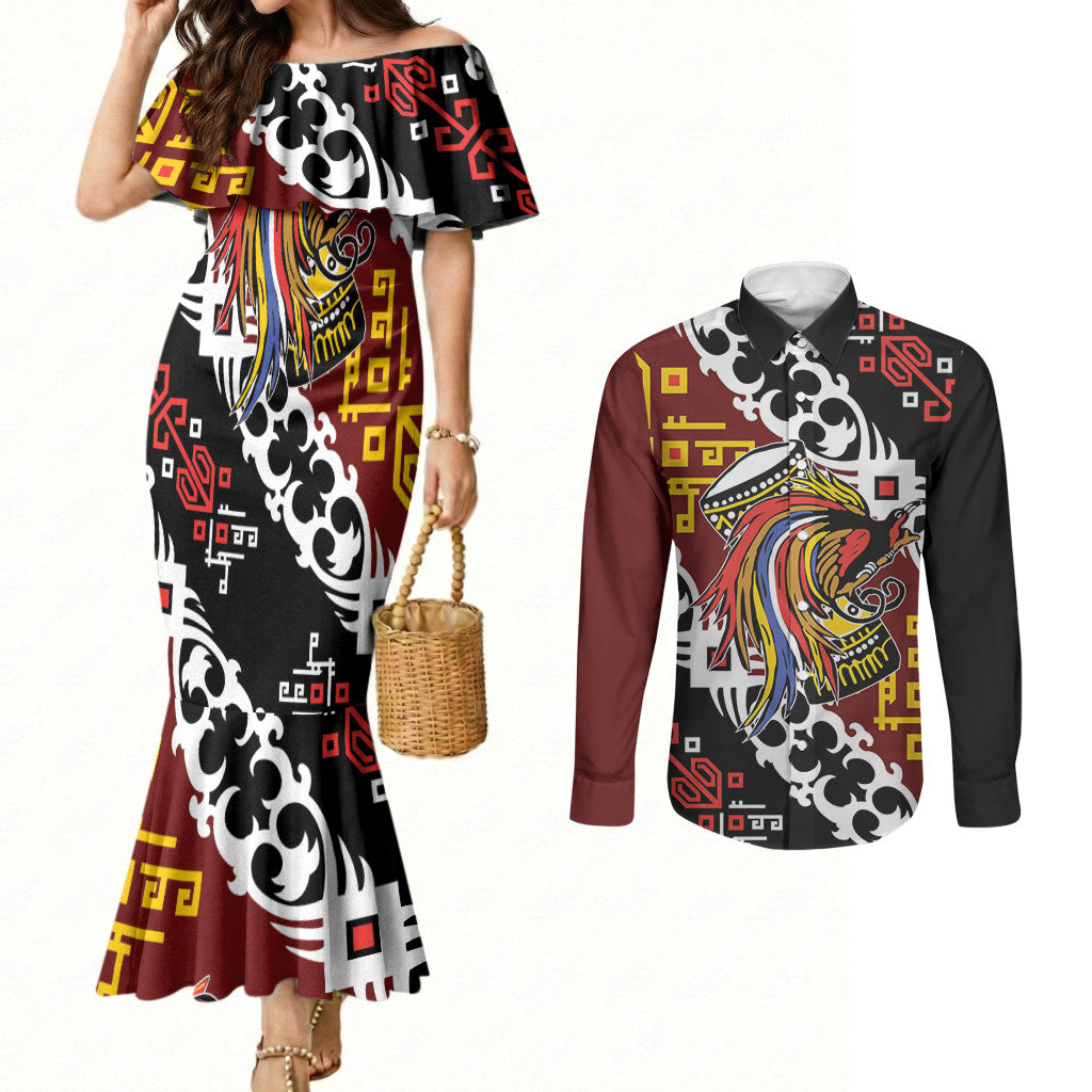 Personalised Papua New Guinea Bird Drum Couples Matching Mermaid Dress and Long Sleeve Button Shirt Papuan Batik Motif LT9 Black - Polynesian Pride