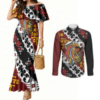 Personalised Papua New Guinea Bird Drum Couples Matching Mermaid Dress and Long Sleeve Button Shirt Papuan Batik Motif LT9 Black - Polynesian Pride