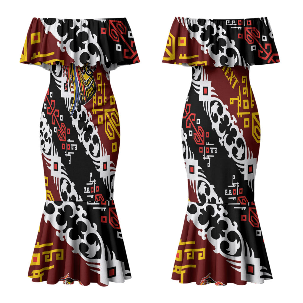 Personalised Papua New Guinea Bird Drum Couples Matching Mermaid Dress and Long Sleeve Button Shirt Papuan Batik Motif LT9 - Polynesian Pride