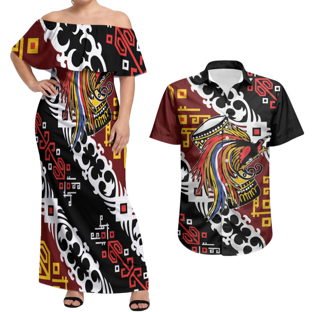 Personalised Papua New Guinea Bird Drum Couples Matching Off Shoulder Maxi Dress and Hawaiian Shirt Papuan Batik Motif LT9 Black - Polynesian Pride