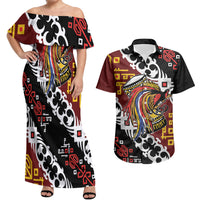 Personalised Papua New Guinea Bird Drum Couples Matching Off Shoulder Maxi Dress and Hawaiian Shirt Papuan Batik Motif LT9 Black - Polynesian Pride