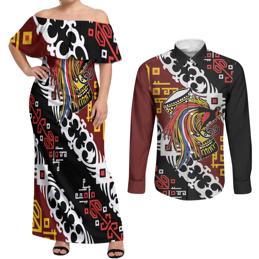 Personalised Papua New Guinea Bird Drum Couples Matching Off Shoulder Maxi Dress and Long Sleeve Button Shirt Papuan Batik Motif LT9 Black - Polynesian Pride