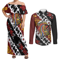 Personalised Papua New Guinea Bird Drum Couples Matching Off Shoulder Maxi Dress and Long Sleeve Button Shirt Papuan Batik Motif LT9 Black - Polynesian Pride