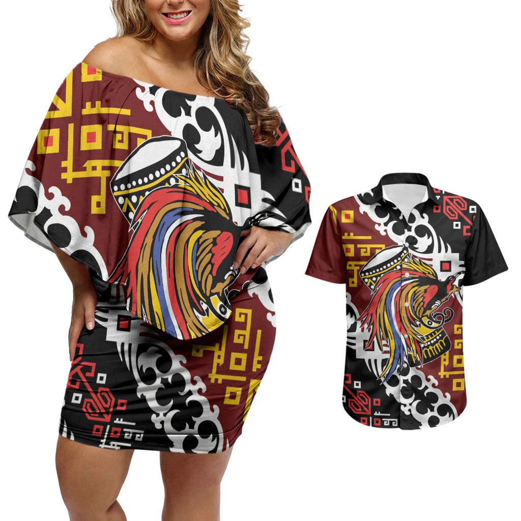 Personalised Papua New Guinea Bird Drum Couples Matching Off Shoulder Short Dress and Hawaiian Shirt Papuan Batik Motif LT9 Black - Polynesian Pride